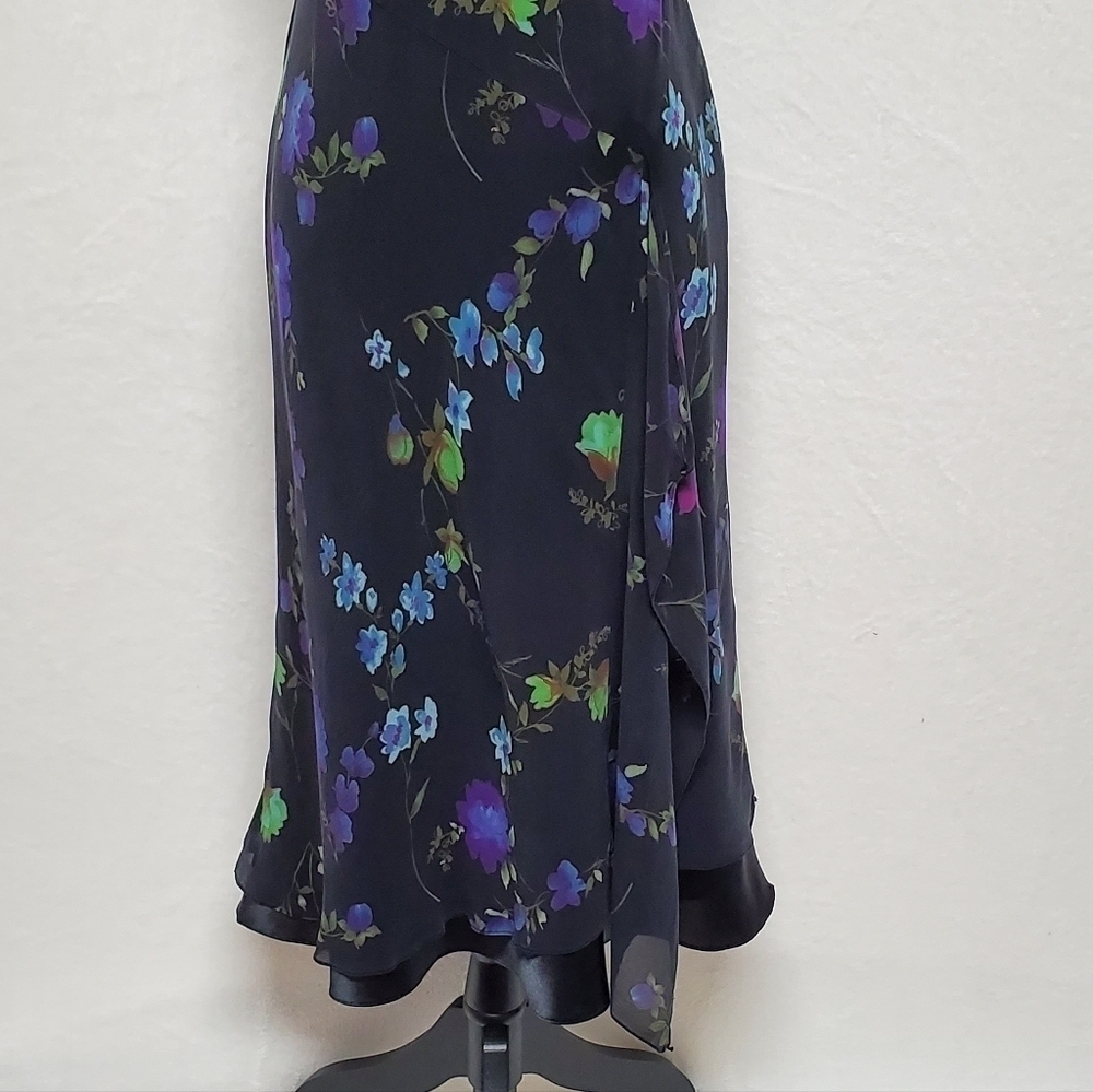 VINTAGE Liz Claiborne Purple Floral Silk Chiffon Black Satin Ruffle Midi Dress M - Picture 7 of 16
